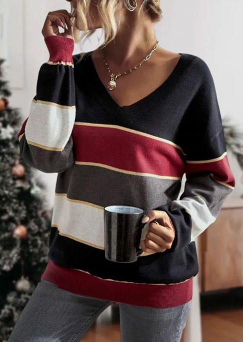 Color Block Long Sleeve V-neck Blouse