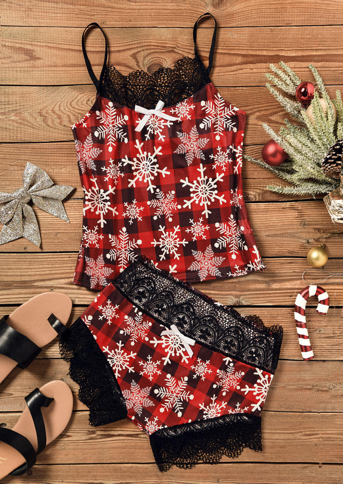 Christmas Snowflake Plaid Lace Camisole and Shorts Pyjamas Set