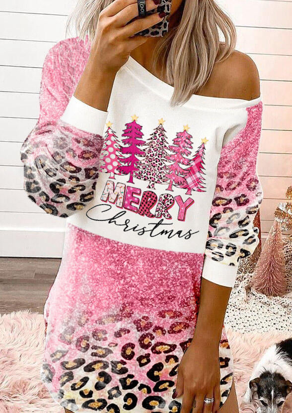 Merry Christmas Tree Leopard Checked Bleached Mini Dress