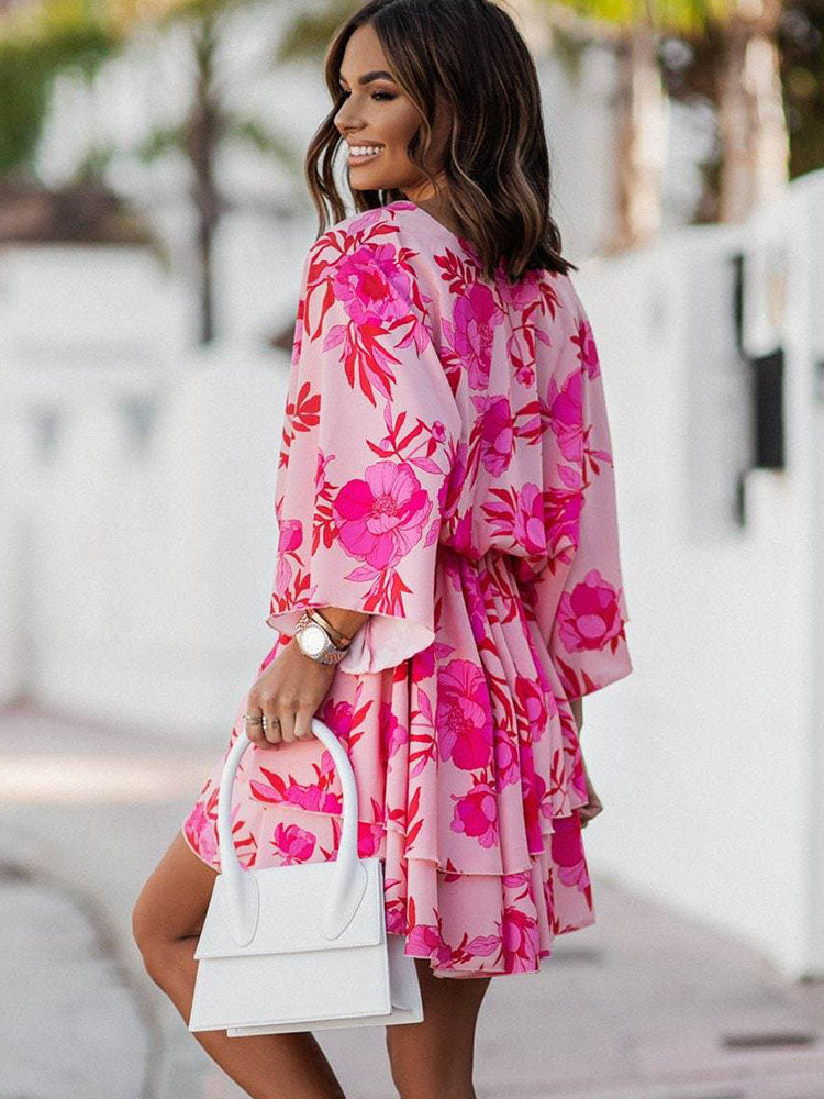 Dark Pink Bat Sleeves V Neck Boho Mini Dress With Floral Pattern