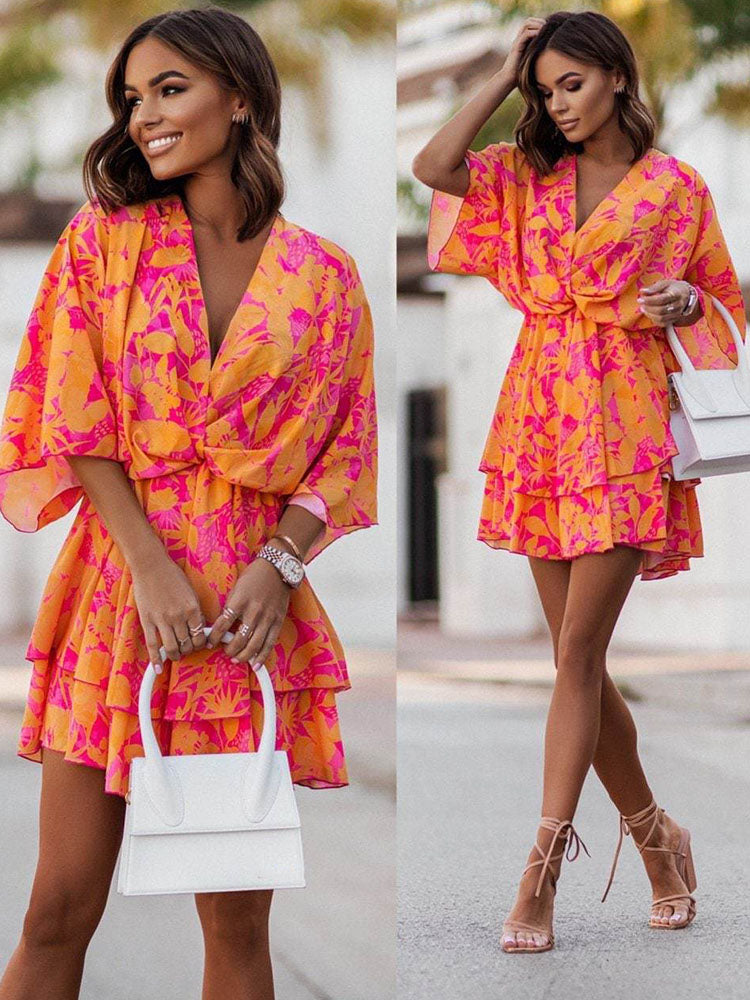 V-neck Boho Casual Bat Sleeves Orange Floral Mini Dress