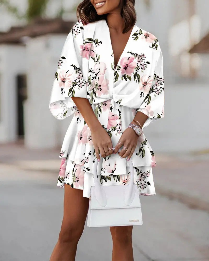 Casual white V-neck mini dress with floral bat sleeves