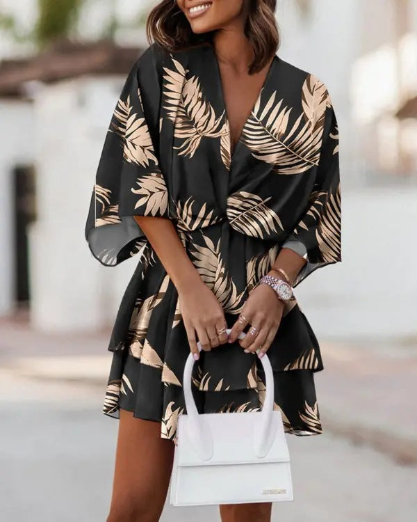 V-neck Boho Casual Bat Sleeves Black Floral Mini Dress