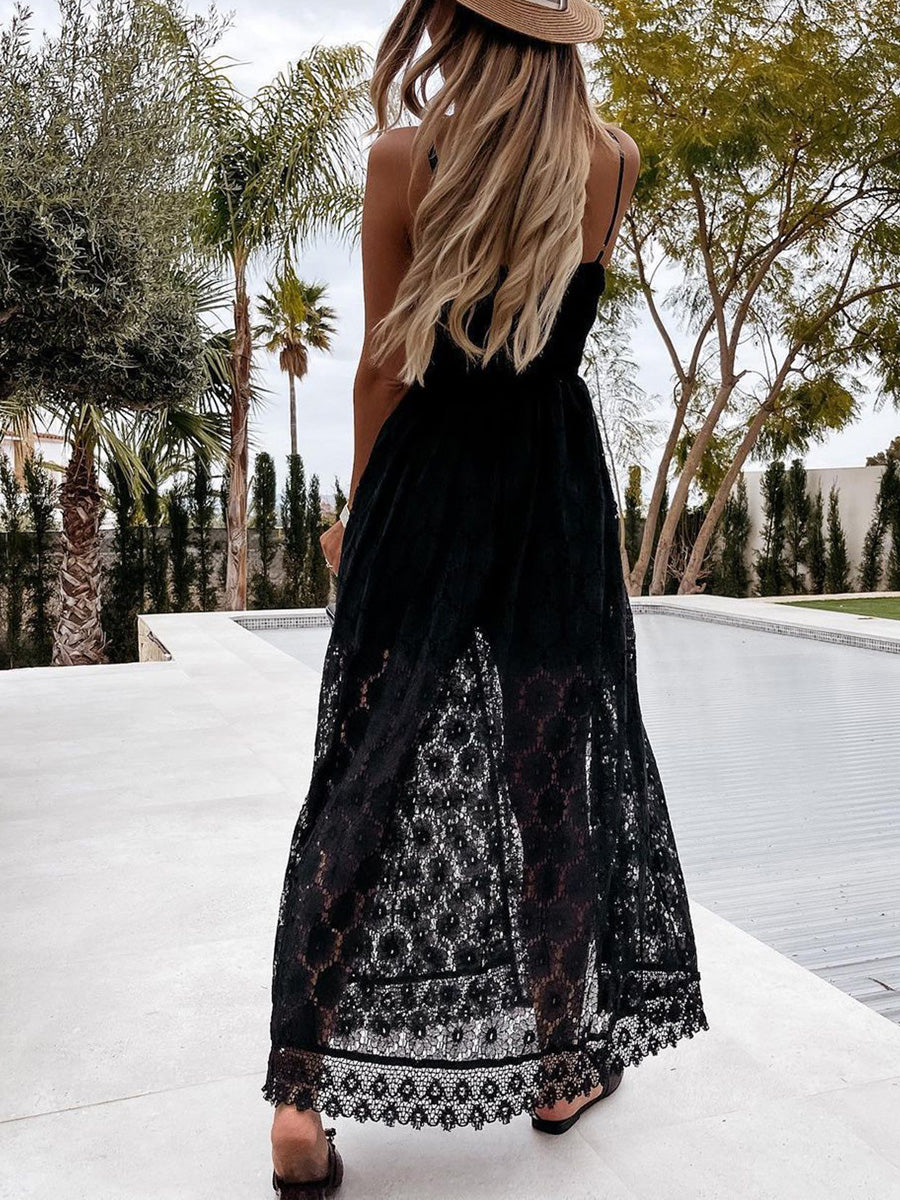 V Neck Lace Sleeveless High Waist Casual Women Black Jumpsuit