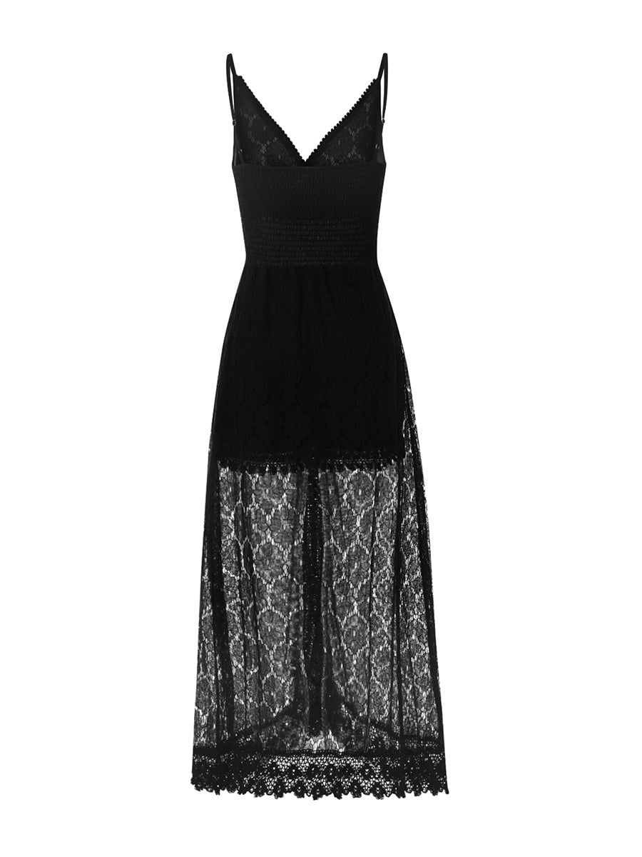 V Neck Lace Sleeveless High Waist Casual Women Black Jumpsuit