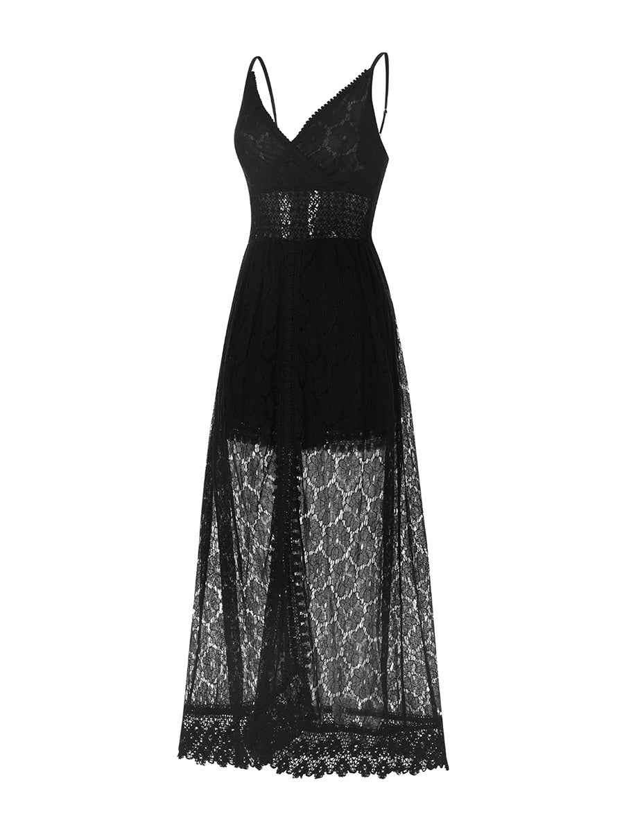 V Neck Lace Sleeveless High Waist Casual Women Black Jumpsuit