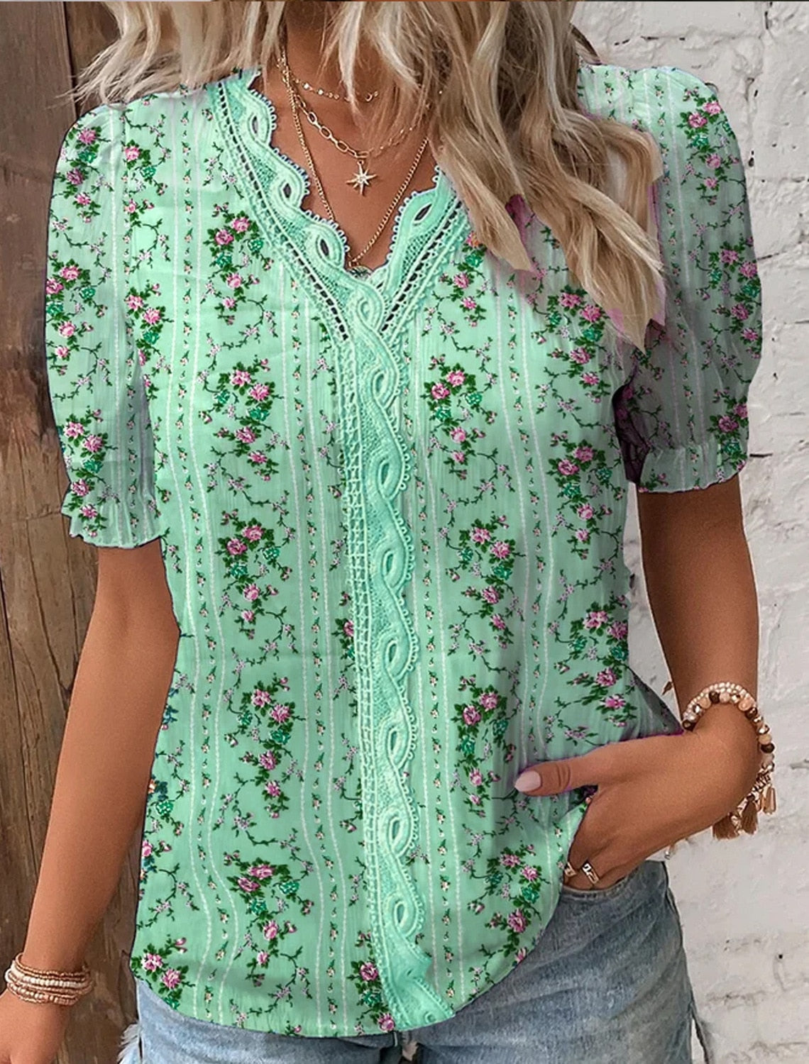 Casual green short sleeve blouse with V-neck