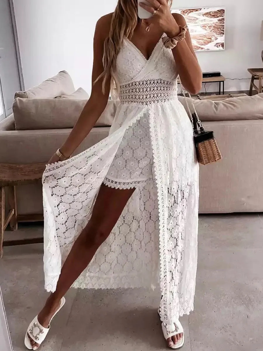 White V Neck Lace Sleeveless High Waist Casual Women Jumpsuit