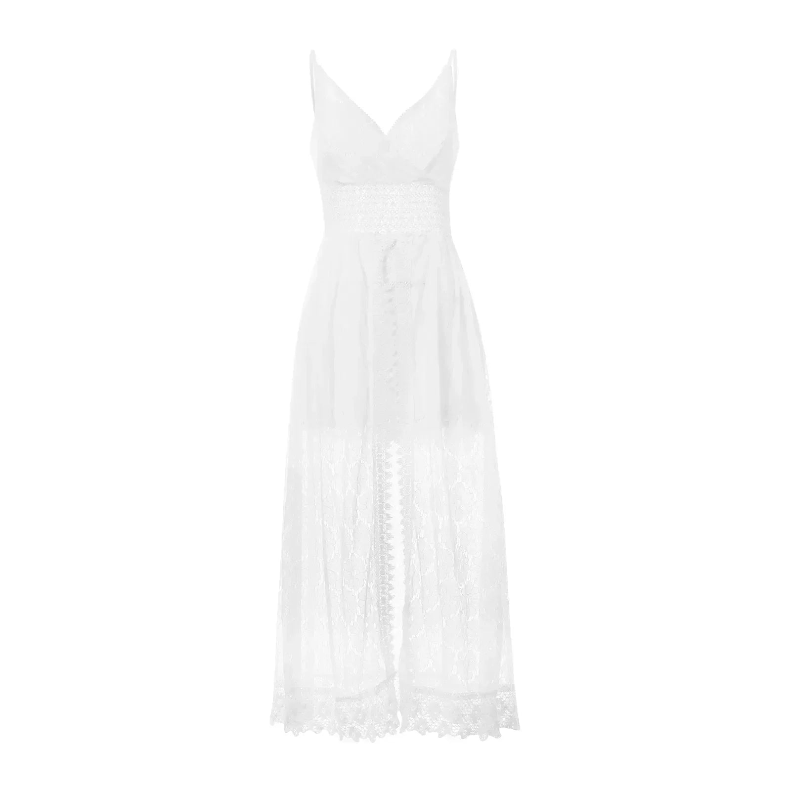 White V Neck Lace Sleeveless High Waist Casual Women Jumpsuit