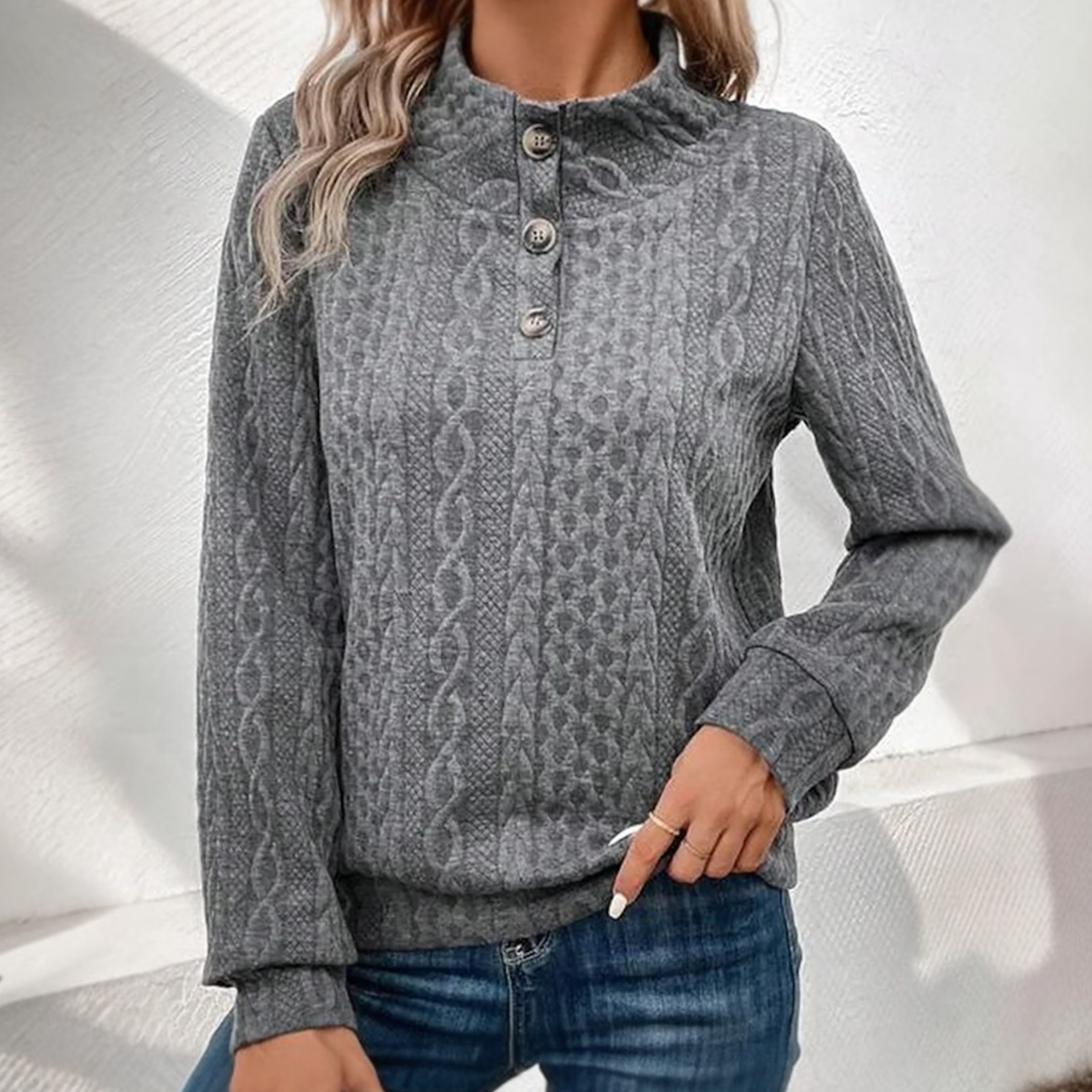 Grey solid colour top with round neckline