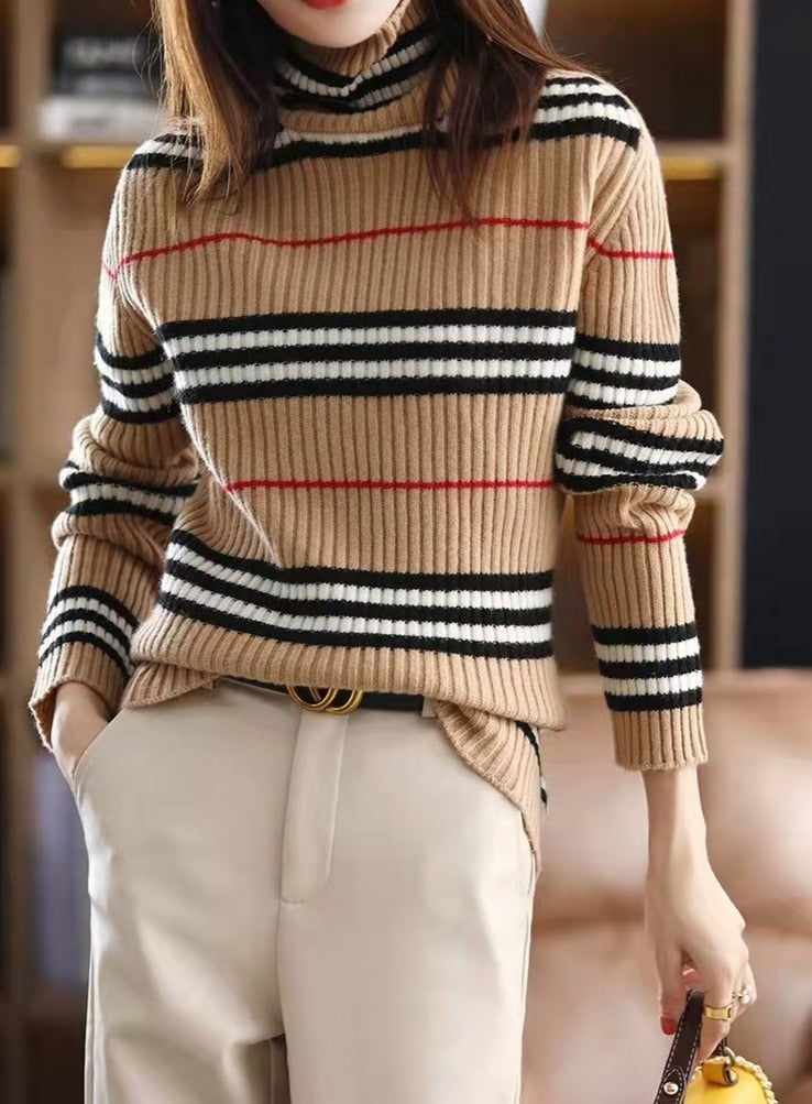 Neutral red-black striped checkered sweater