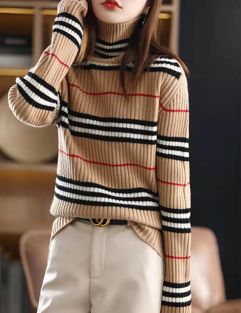 Neutral red-black striped checkered sweater