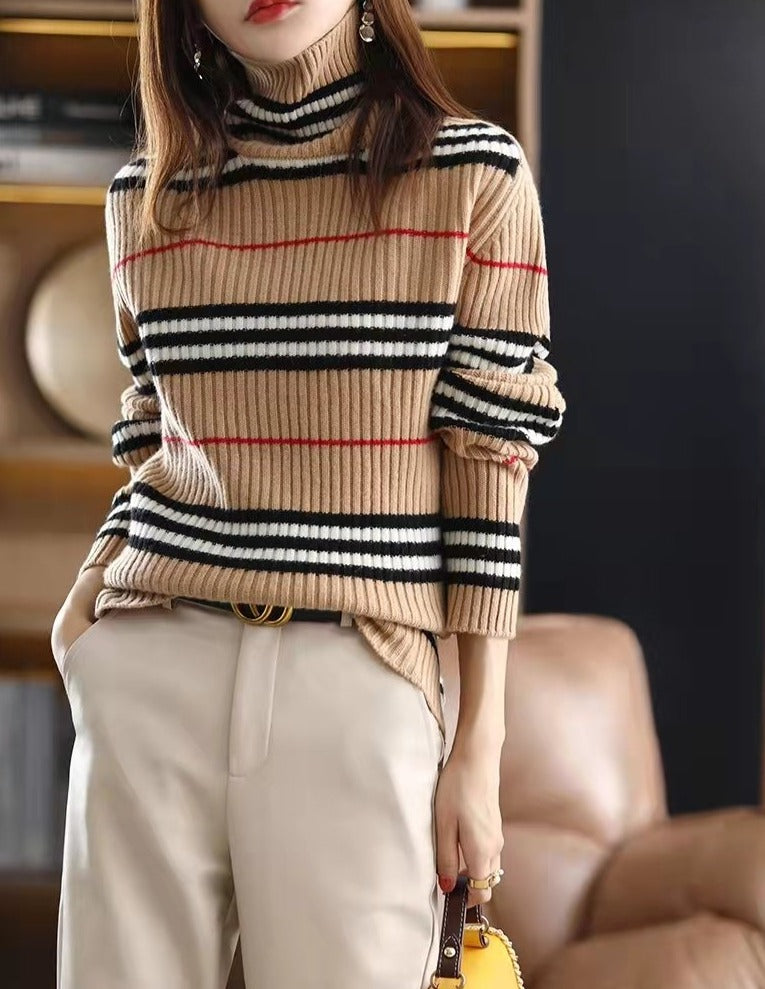 Neutral red-black striped checkered sweater