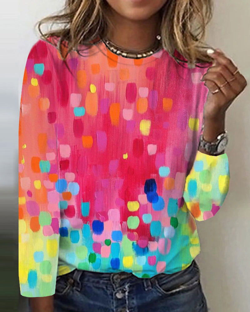 Raining Color Dots Round Neck Long Sleeve Top