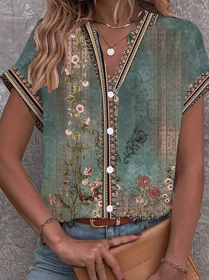 Green blouse with watercolor floral print