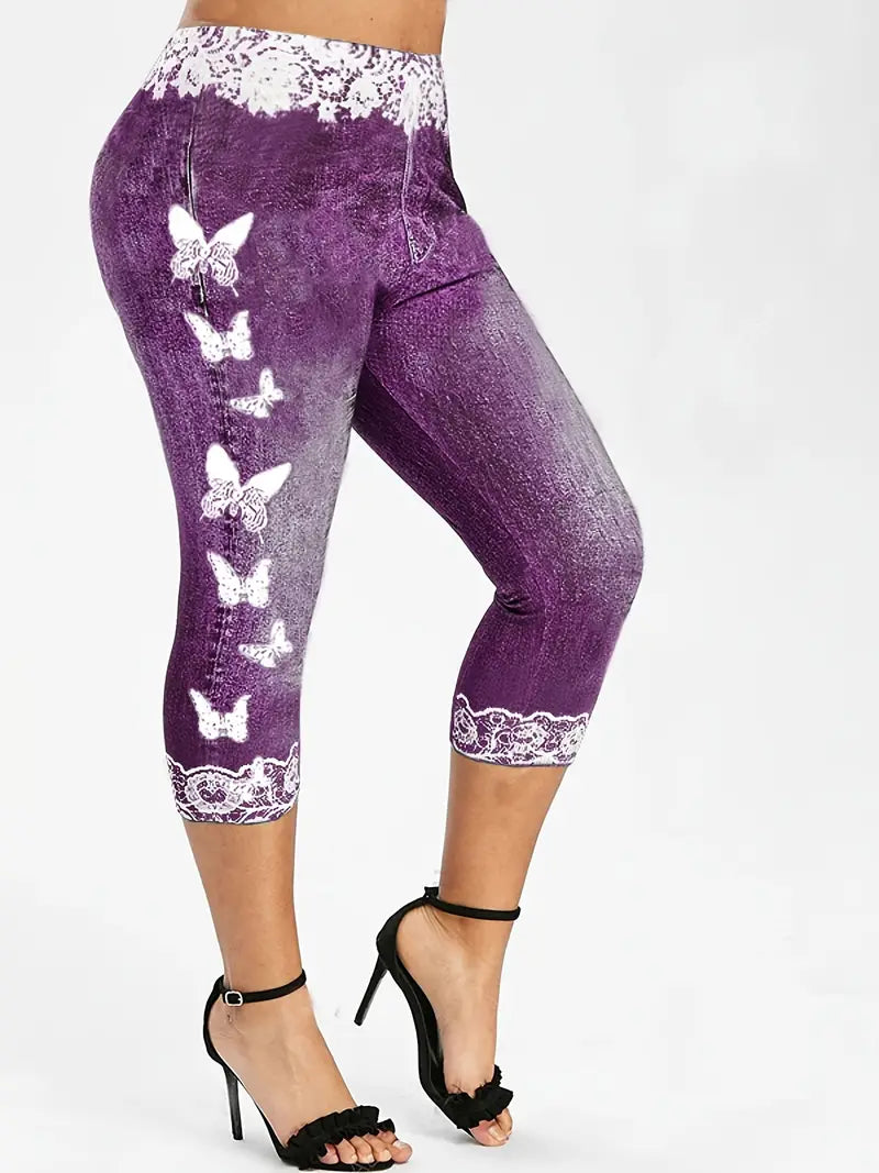 Purple Butterfly Lace Summer Capri Jeans