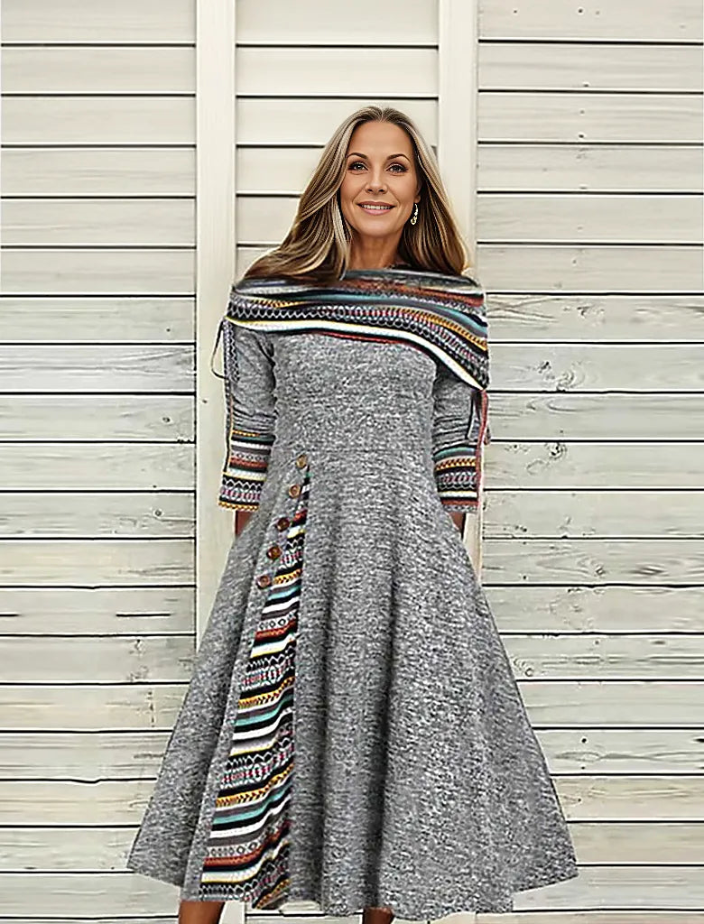 Grey round neck midi dress with Guatemalan pattern