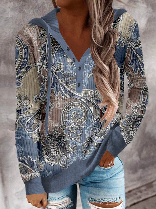 White Paisley Ombre Henley top with hood