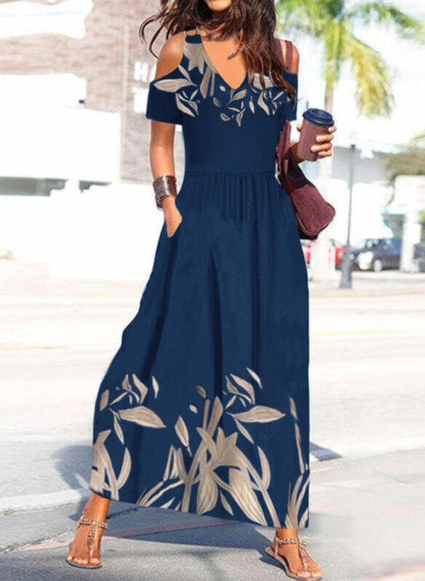 Purewear ®-  Cobalt Blue Summer Maxi Dress With Pleated V Neck And Cold Shoulders