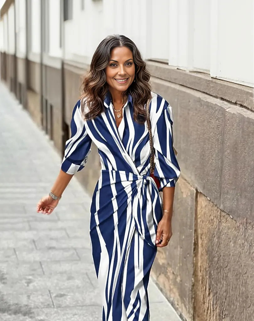 Blue and white vertical striped lace-up midi dress