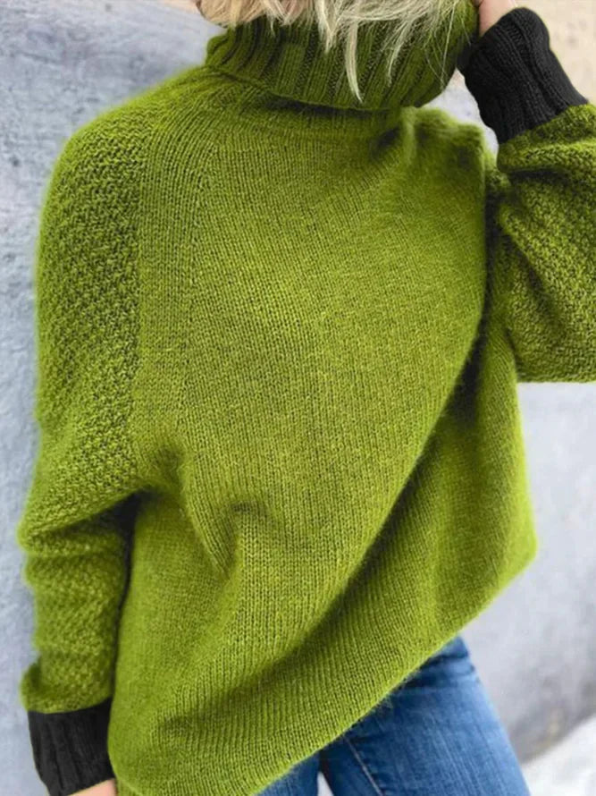 Green print sweater with high neckline