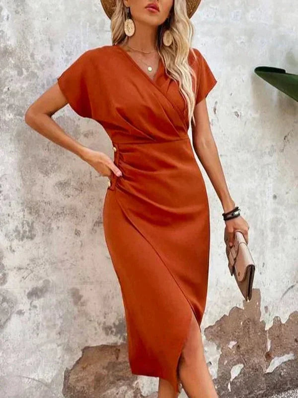 Orange Solid Color V Neck Midi Dress