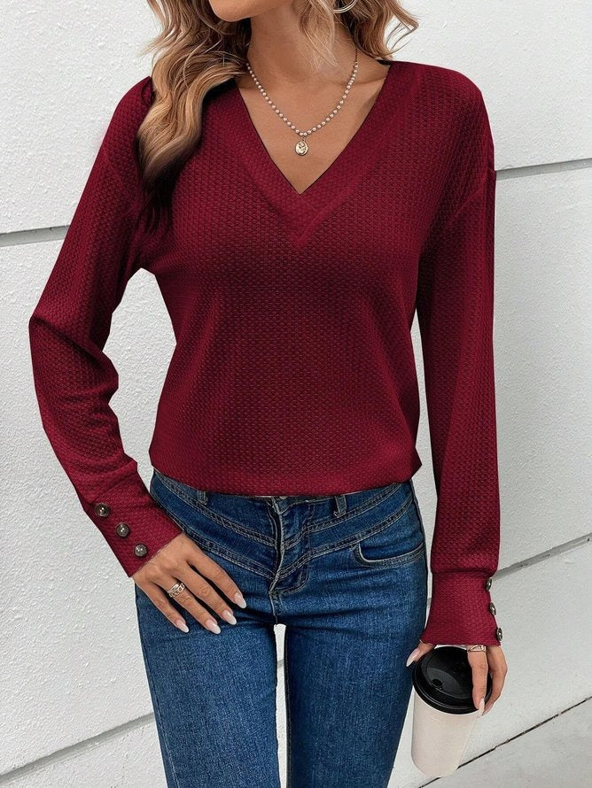 Red Solid Color V-neck Long Sleeve Top