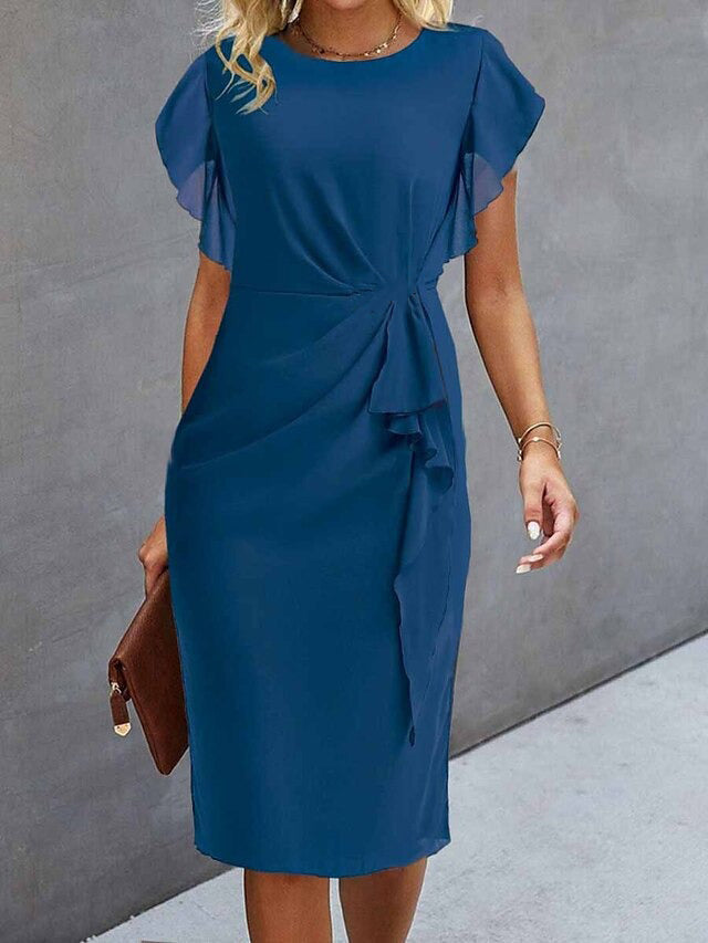 Blue plain sleeveless midi dress