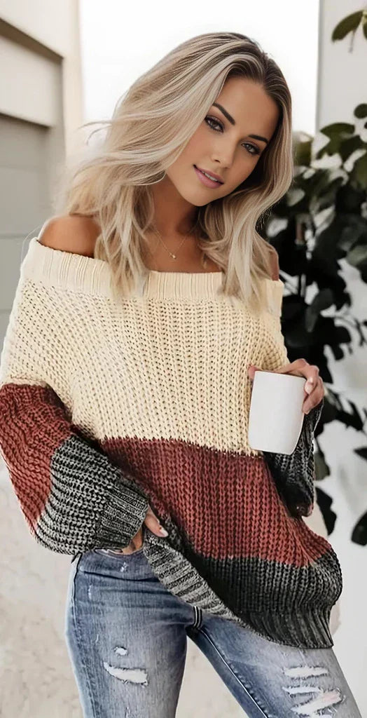 Shoulder-free color block knit sweater