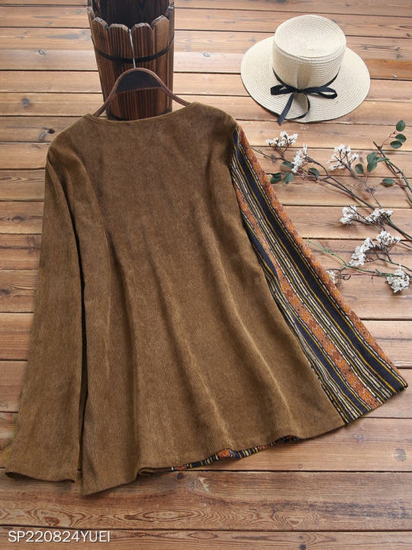 Brown round neck top with 3/4-length sleeves