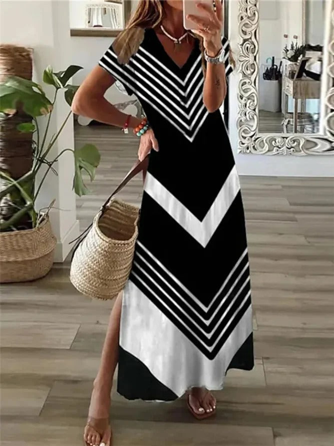 Black and White Short Sleeve Maxi Dress