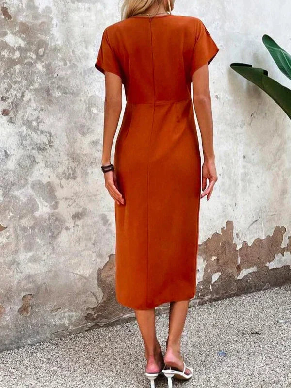 Orange Solid Color V Neck Midi Dress