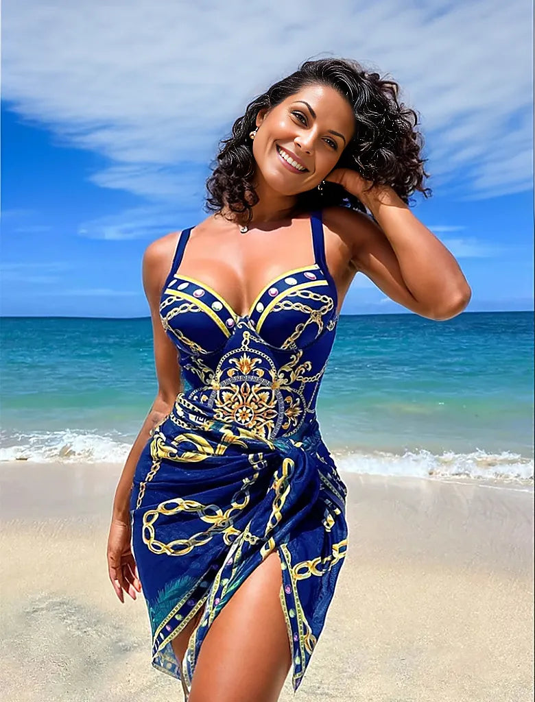 Elegant sleeveless swimwear with blue print