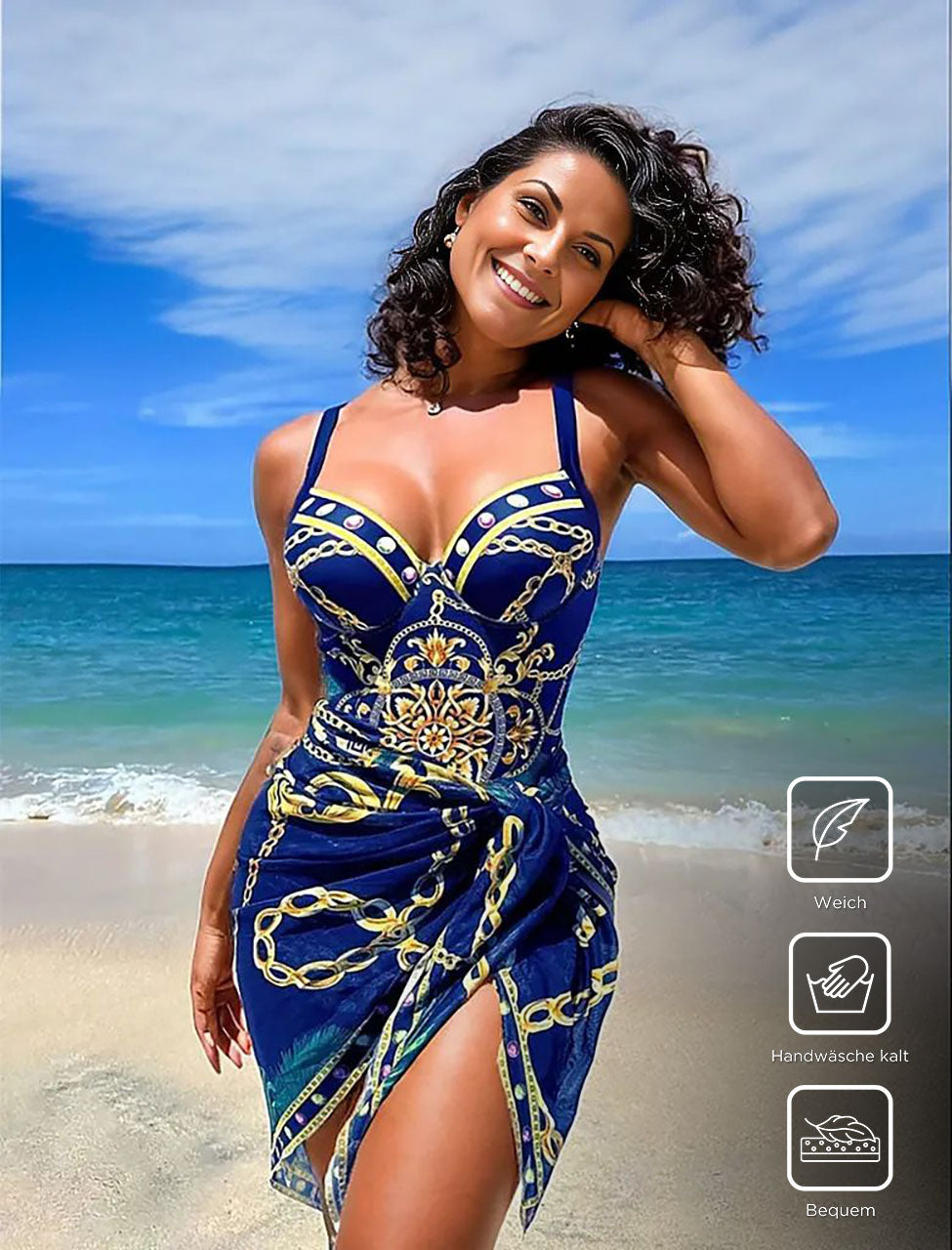 Elegant sleeveless swimwear with blue print