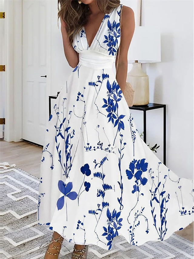 Royal Blue White Floral Print Midi Dress