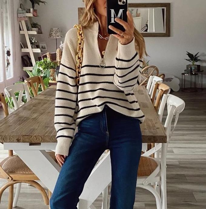 Casual black and white striped sweater