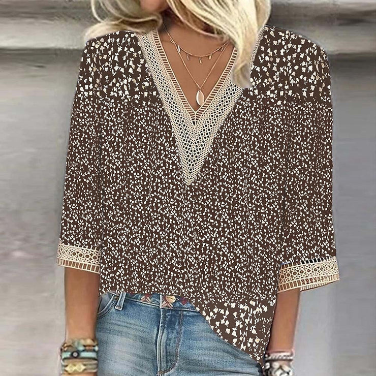 Abstract top with lace trim in coffee and white