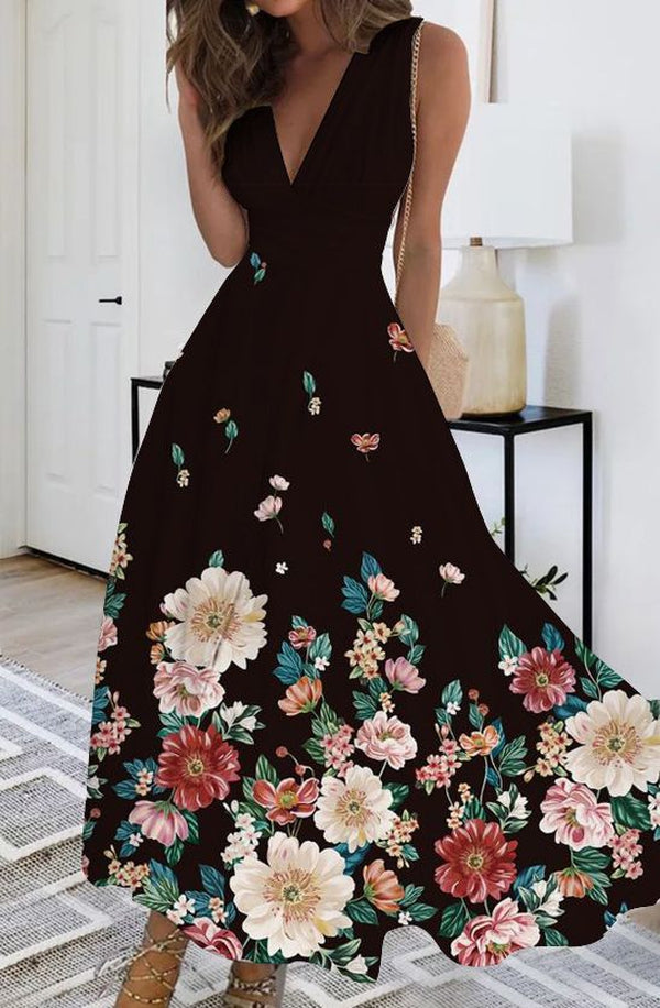 Elegant sleeveless midi dress with print