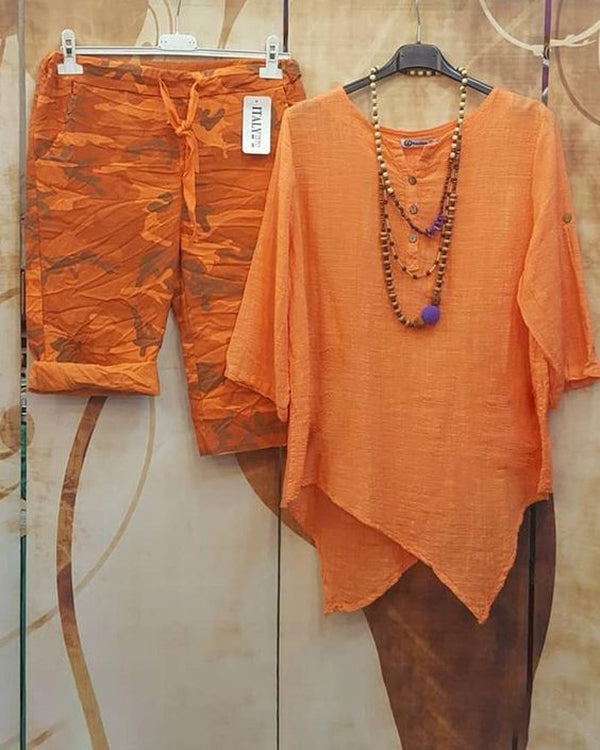 Orange Print 3/4 Sleeves Two Piece Set