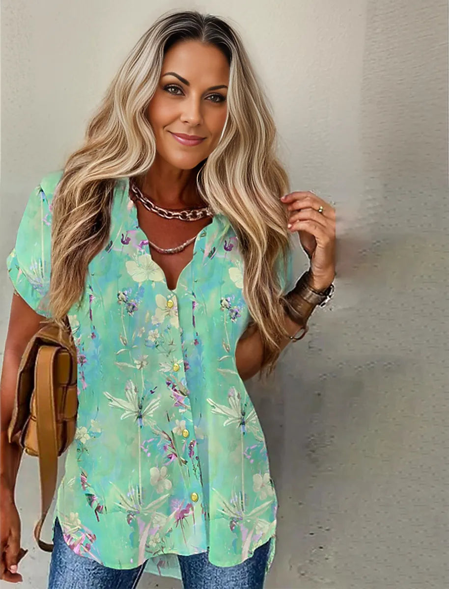 Green print shirt with short sleeves