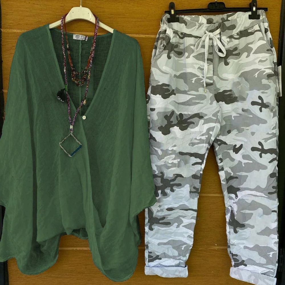 Two-piece set with green camouflage print