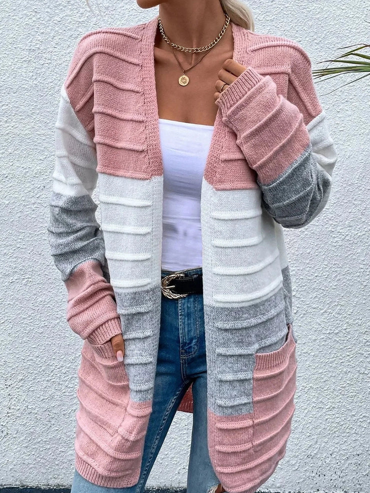 Open cardigan with pink color block