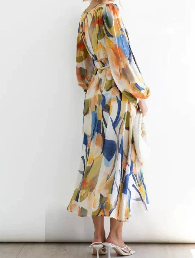 Long sleeve midi dress with colorful abstract print