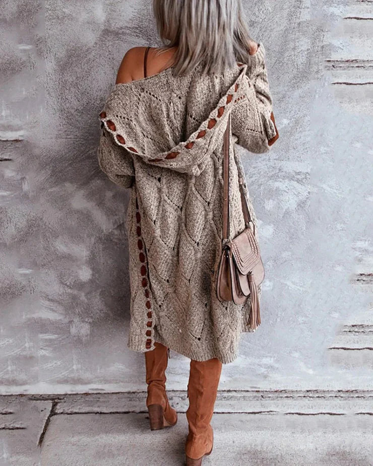 Hoodie Khaki Diamond Elbow Patch Long Cardigan Pullover