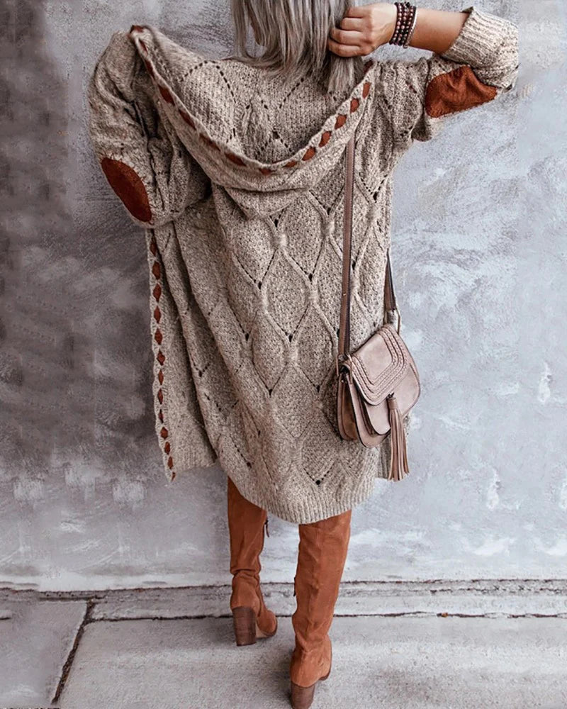 Khaki Diamond Patch Long Cardigan with Hood