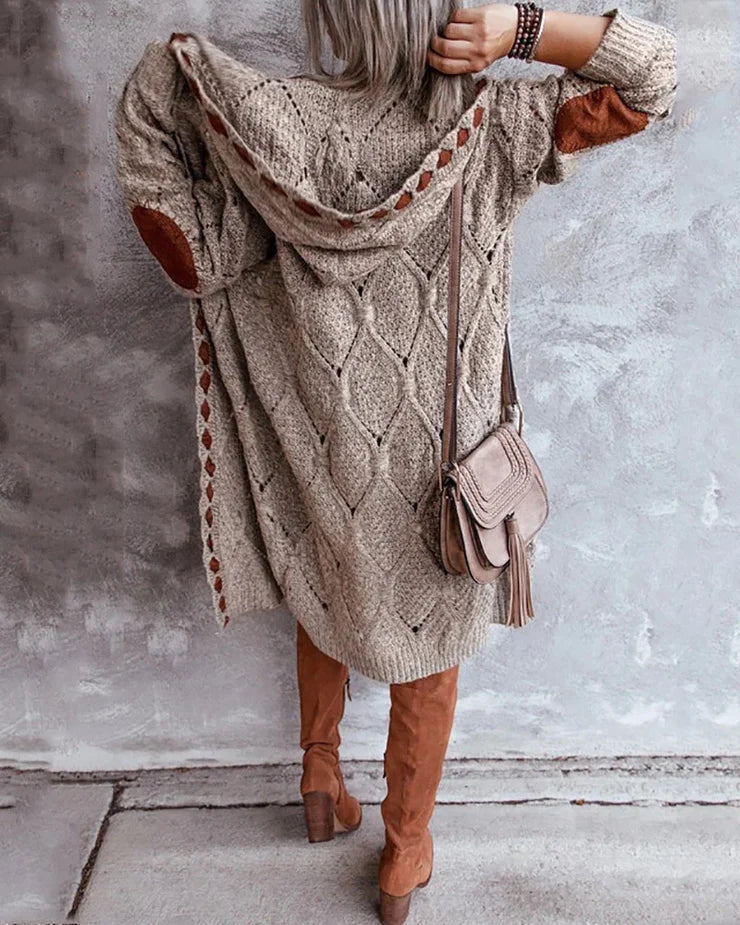 Hoodie Khaki Diamond Elbow Patch Long Cardigan Pullover