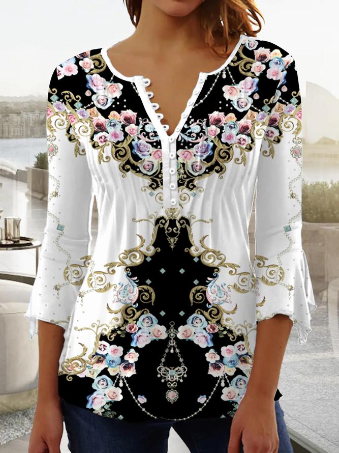 Vintage Inspo Black and white floral top with button placket