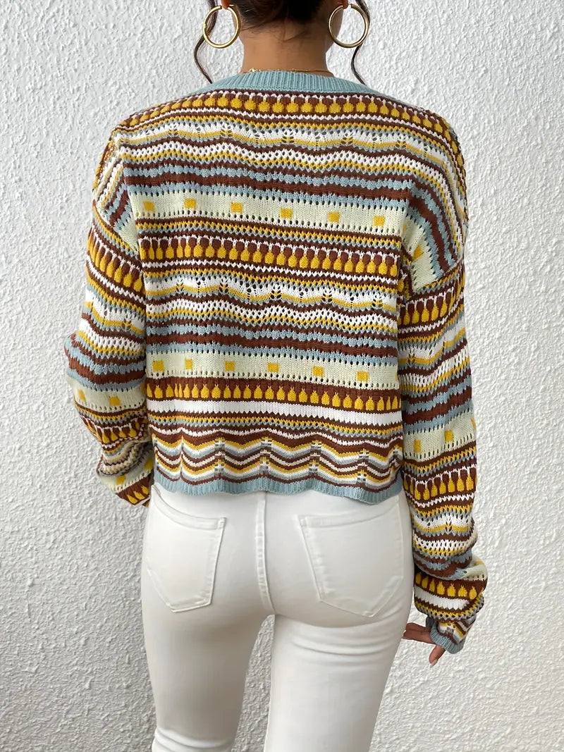 Sweater with eyelet knit with ethnic print