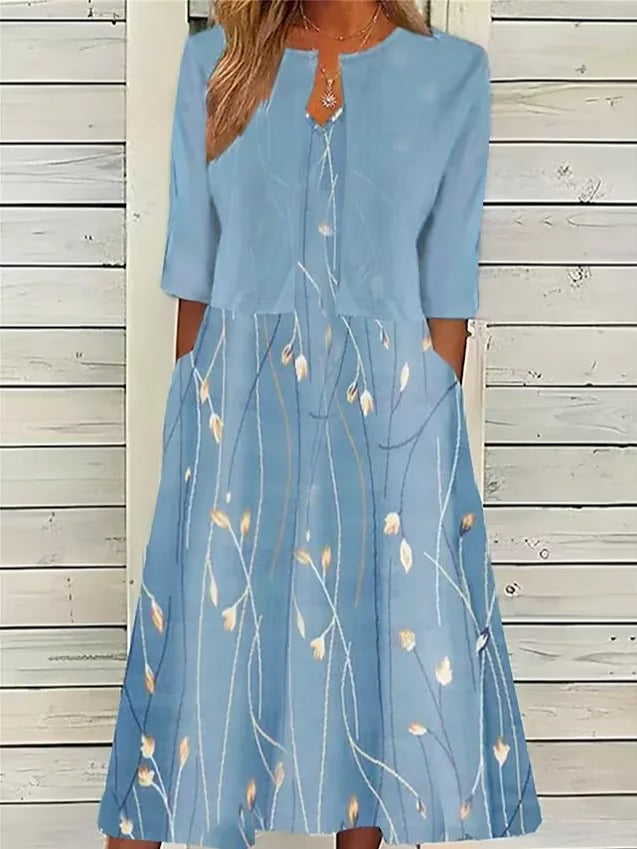 PureWear ® -  Blue Twofer midi dress with half sleeves and floral print