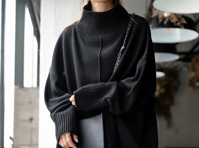 Black monochrome long sleeve sweater with high neckline